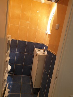 Une petite salle de bain avec des toilettes, un lavabo et un miroir.