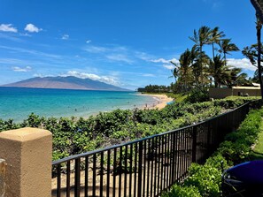 A beach view with a mountain in the background, a fence, and lush greenery. - Luxury 1 Bed 2 Bath Direct Ocean Front Property - 5 Star -  Sleeps 4 - Sleeps 4 (Kihei)
