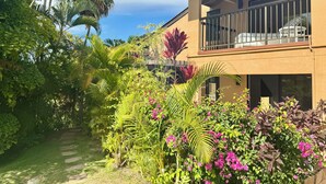 Un edificio de dos pisos con un balcón, rodeado de exuberante vegetación tropical y un cielo despejado.