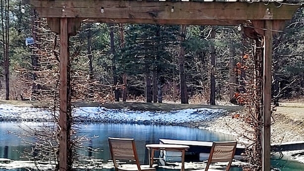 Una pèrgola de fusta amb dues cadires plegables i una taula, situada en una zona boscosa amb un estany.