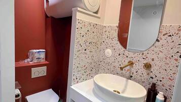 Shower, hair dryer, bidet, towels