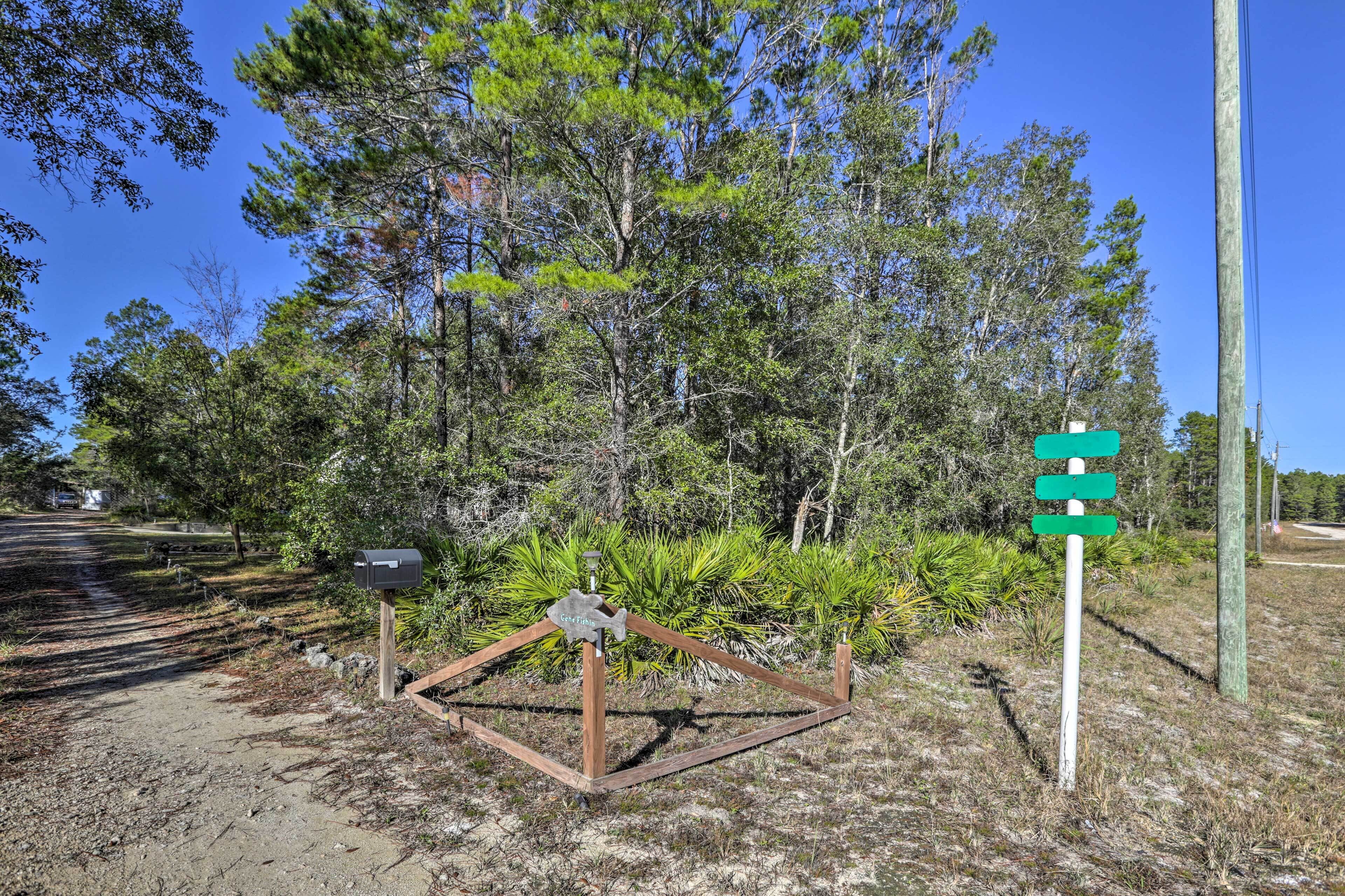 Buzón de correo y señalización direccional en un entorno natural con árboles y un sendero de tierra.