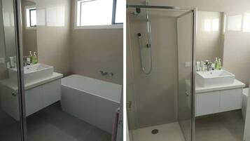 Shower, towels, soap, shampoo