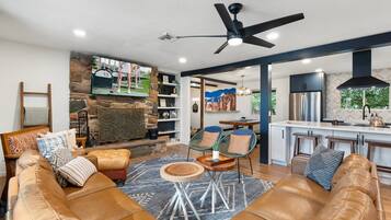 Smart TV, fireplace, video games, foosball