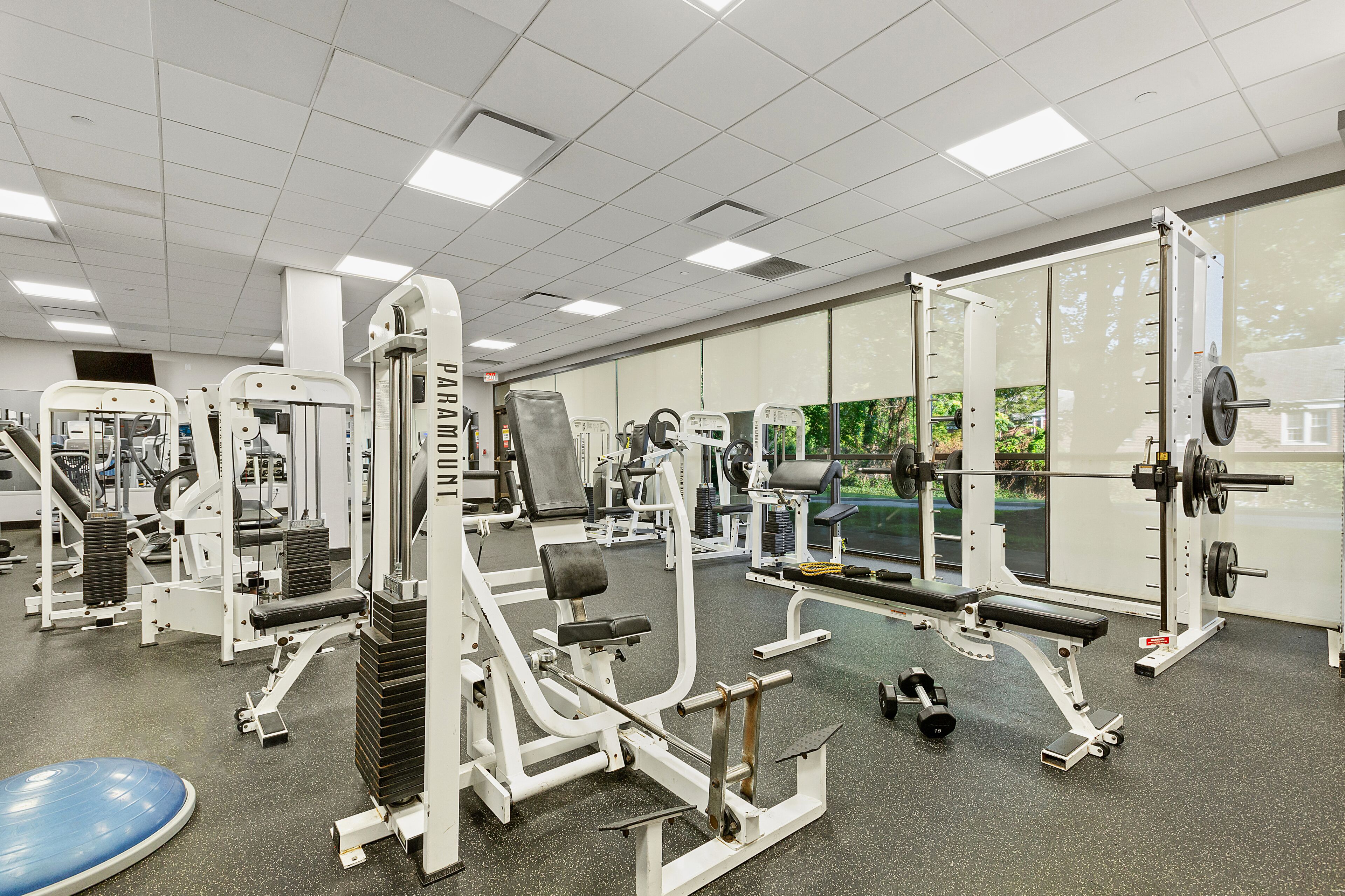 A gym with various exercise equipment, including weight machines, benches, and dumbbells.