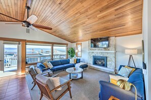 TV, fireplace, books, music library - McKees Beach House w/ Ocean Views, Hot Tub! (Stanwood)