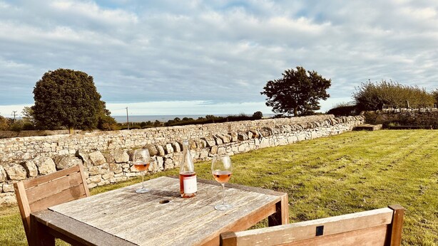 A rustic outdoor dining table with a stone wall and trees in the background. - Garden Cottage (Alnwick)