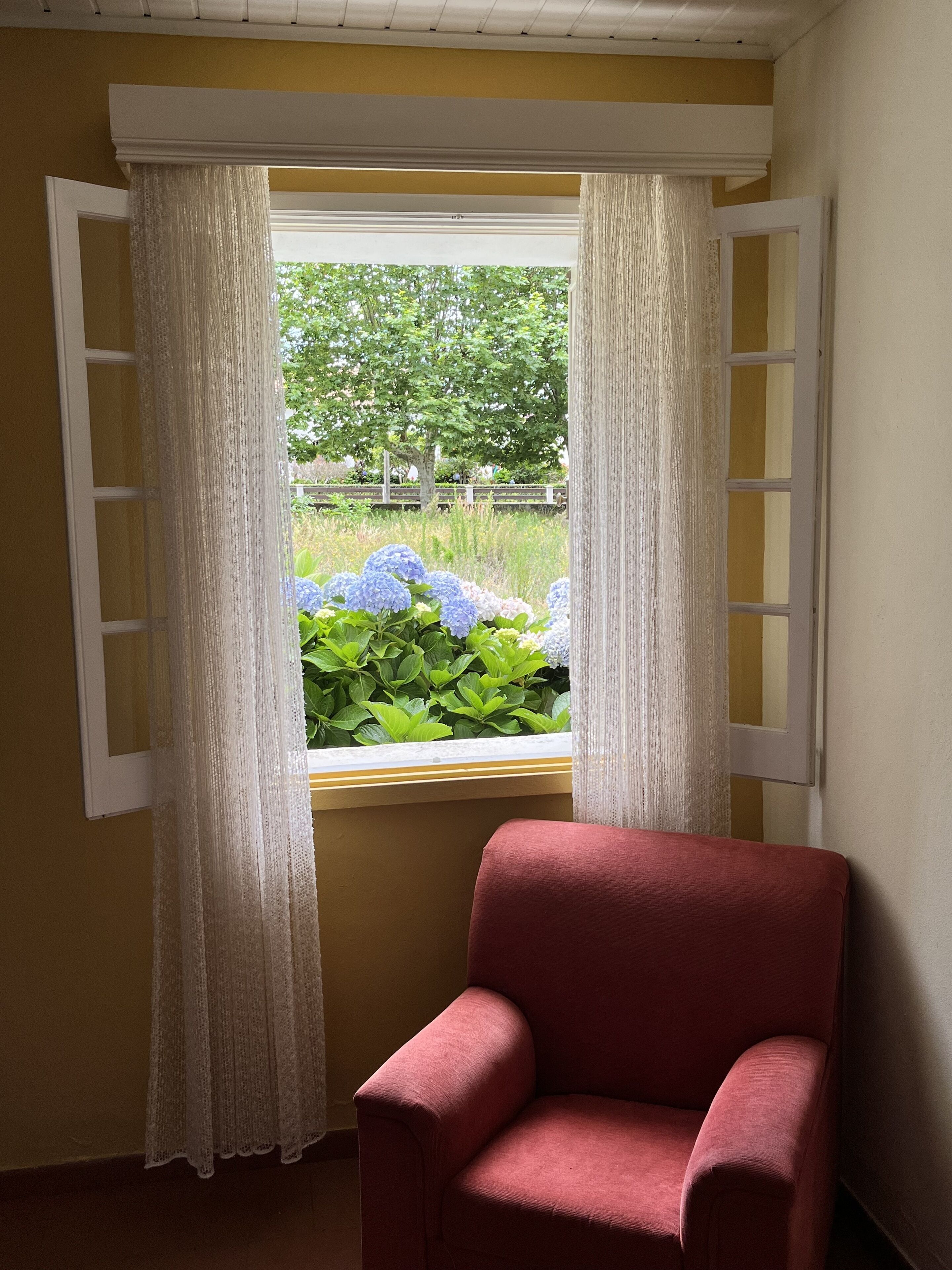 Una habitación con ventana, una silla roja y vistas al verdor exterior.