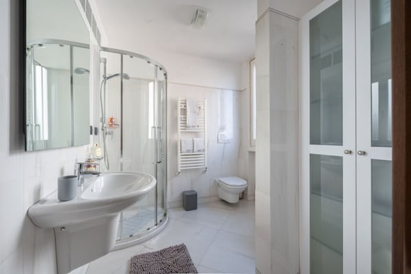 Shower, hair dryer, bidet, towels