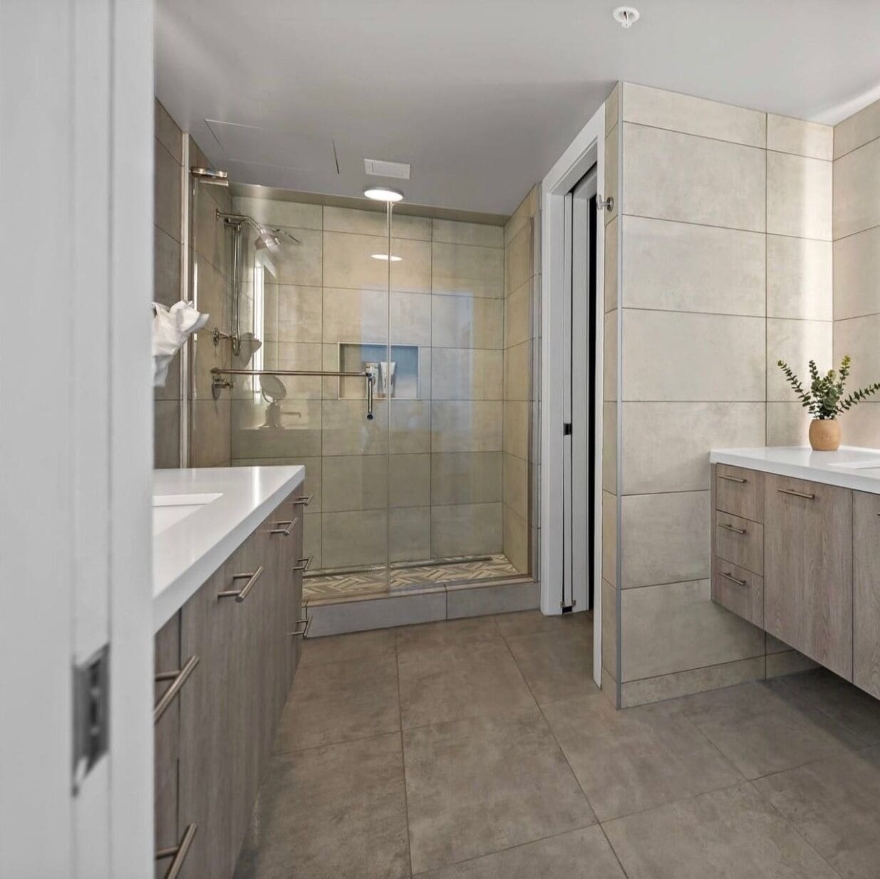 A modern bathroom with a glass shower enclosure, a white vanity, and a potted plant.