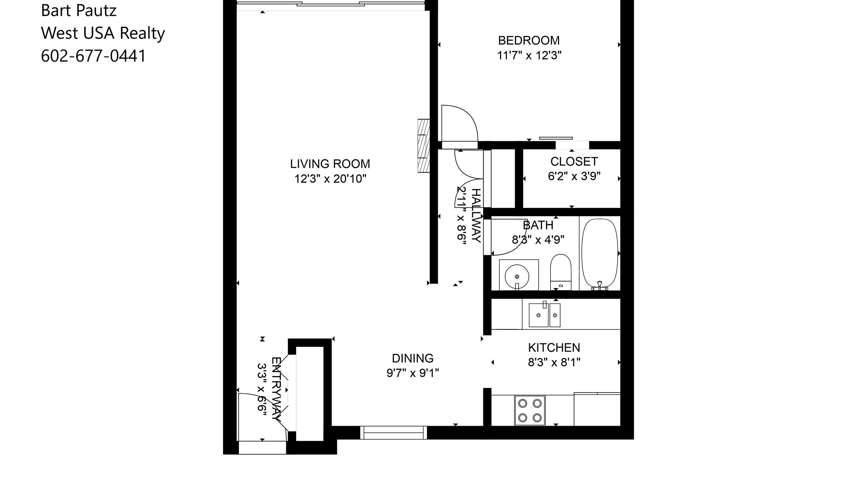 A floor plan of a 2-bedroom apartment with a living room, dining area, kitchen, bathroom, and closet.