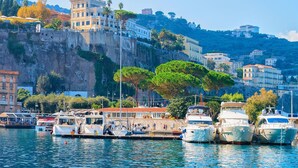 Un puerto deportivo con barcos amarrados, un paseo marítimo y edificios con balcones con vistas al agua.