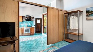 Una habitación con cama, armario, televisión y vistas a la cocina y al baño.