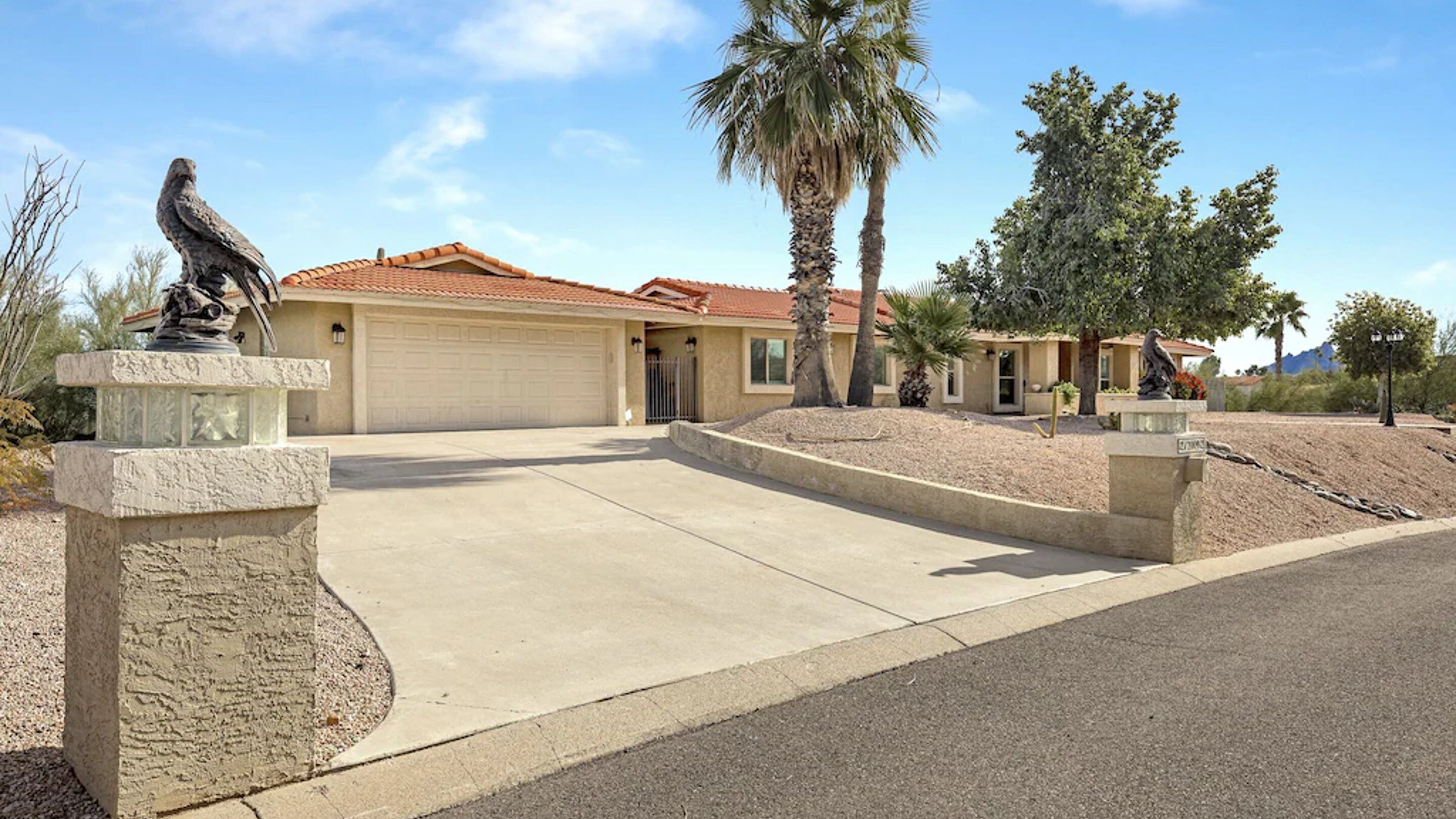 A residential property with a garage, a driveway, and two bird statues.