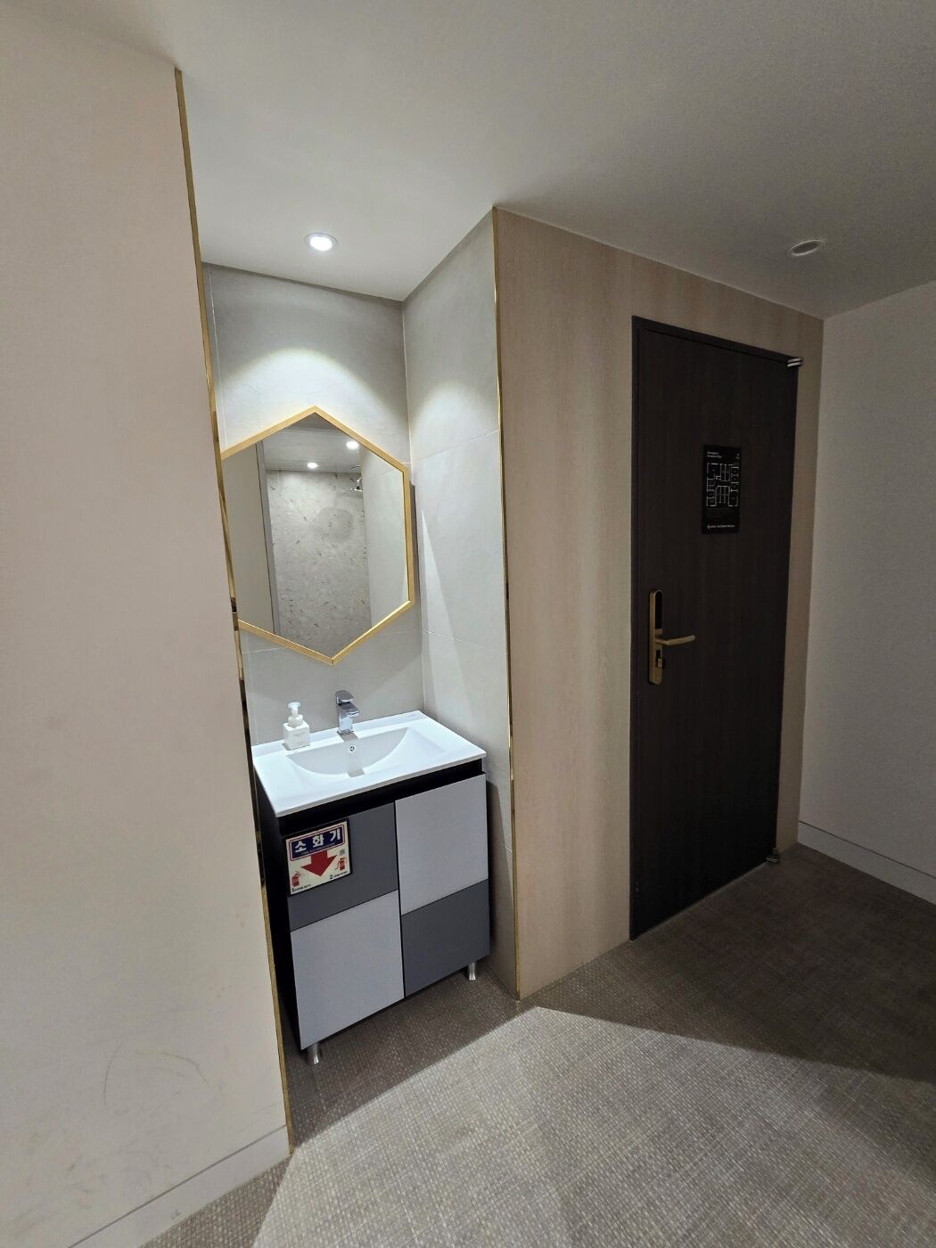 Un baño moderno con un lavamanos blanco, un espejo y una puerta oscura.