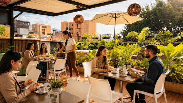 An outdoor café with tables and chairs, surrounded by potted plants and a view of buildings. - Laureles Grand House LGH Hotel - Anteriormente Laureles Guest House (Medellín)