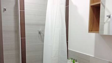Un bany amb dutxa, vàter i rentapeus.