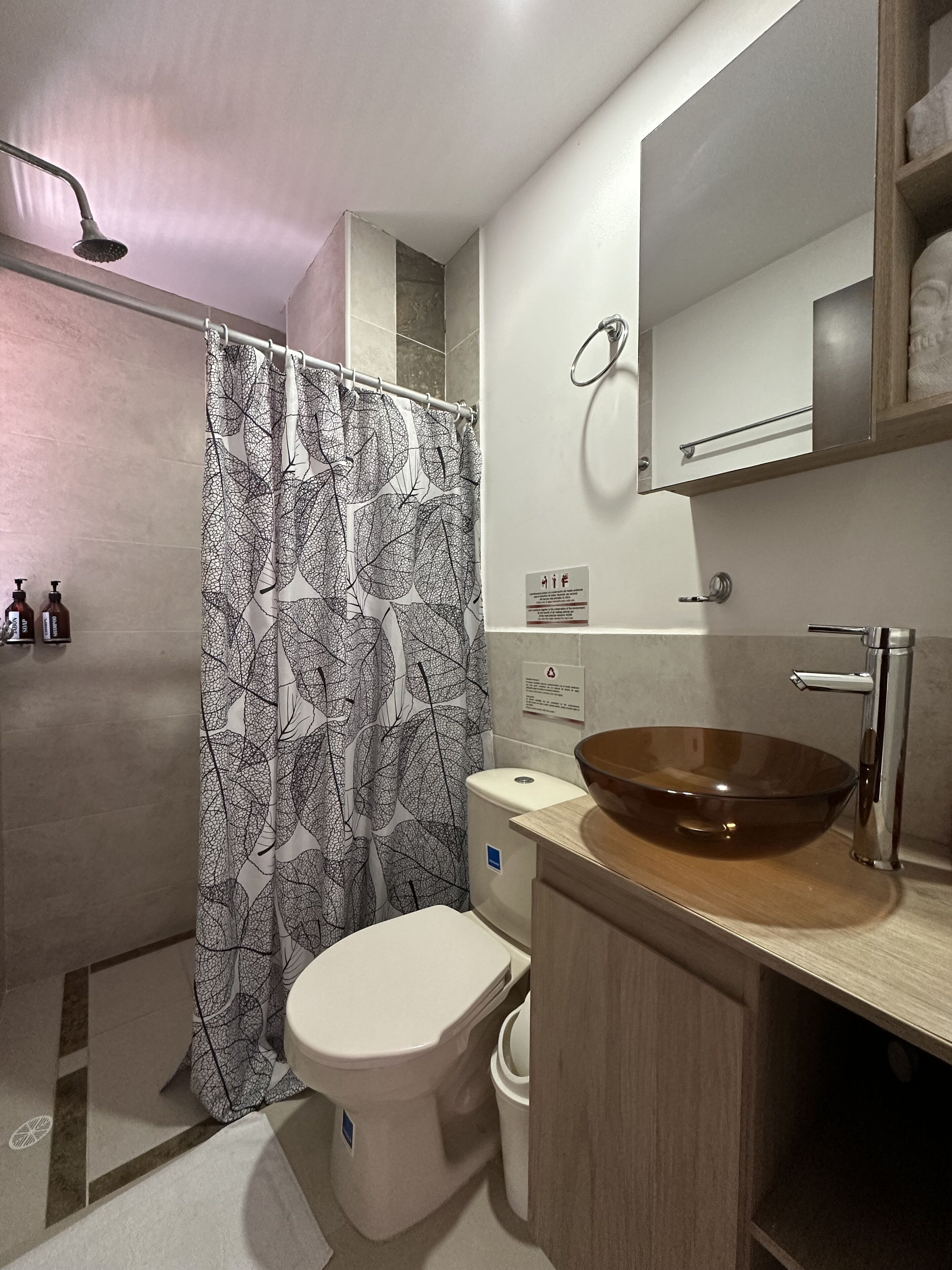 Een moderne badkamer met een douche, toilet en een grote wastafel.