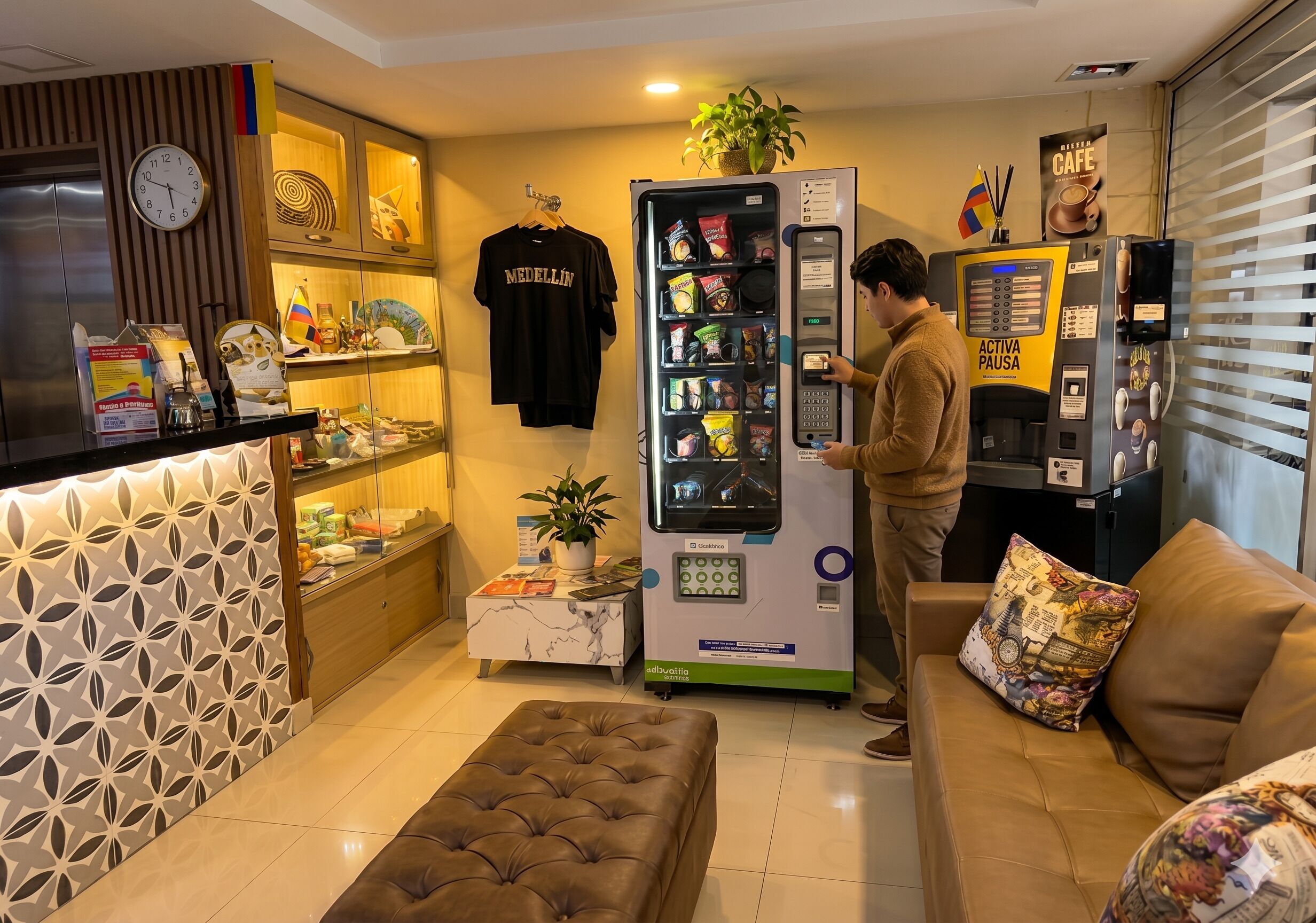 A modern living area with a vending machine, a clock, and a coffee machine.