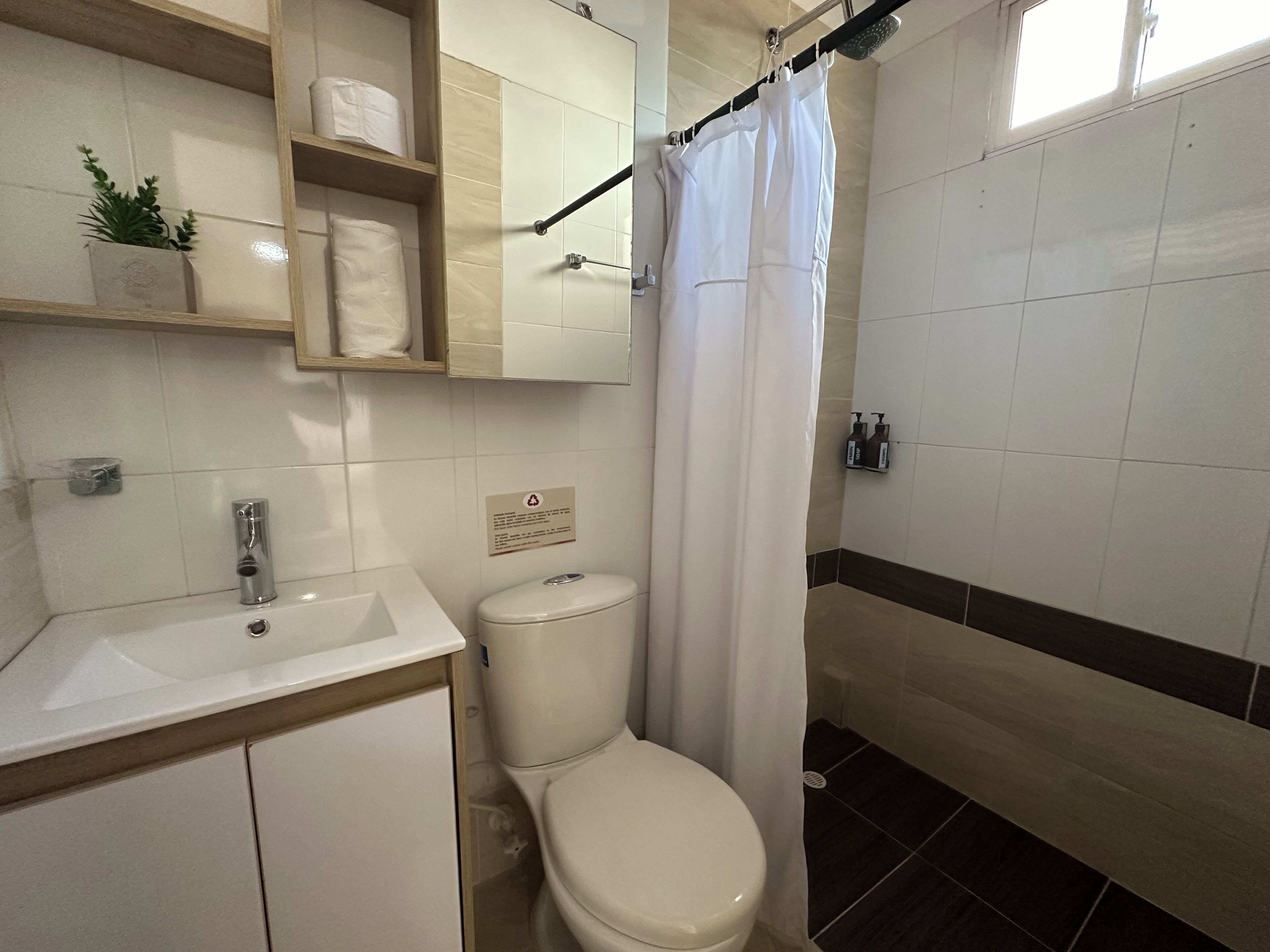 Une salle de bain comprenant des toilettes, un lavabo et un espace douche. On y trouve une étagère avec des articles de toilette et une plante en pot.