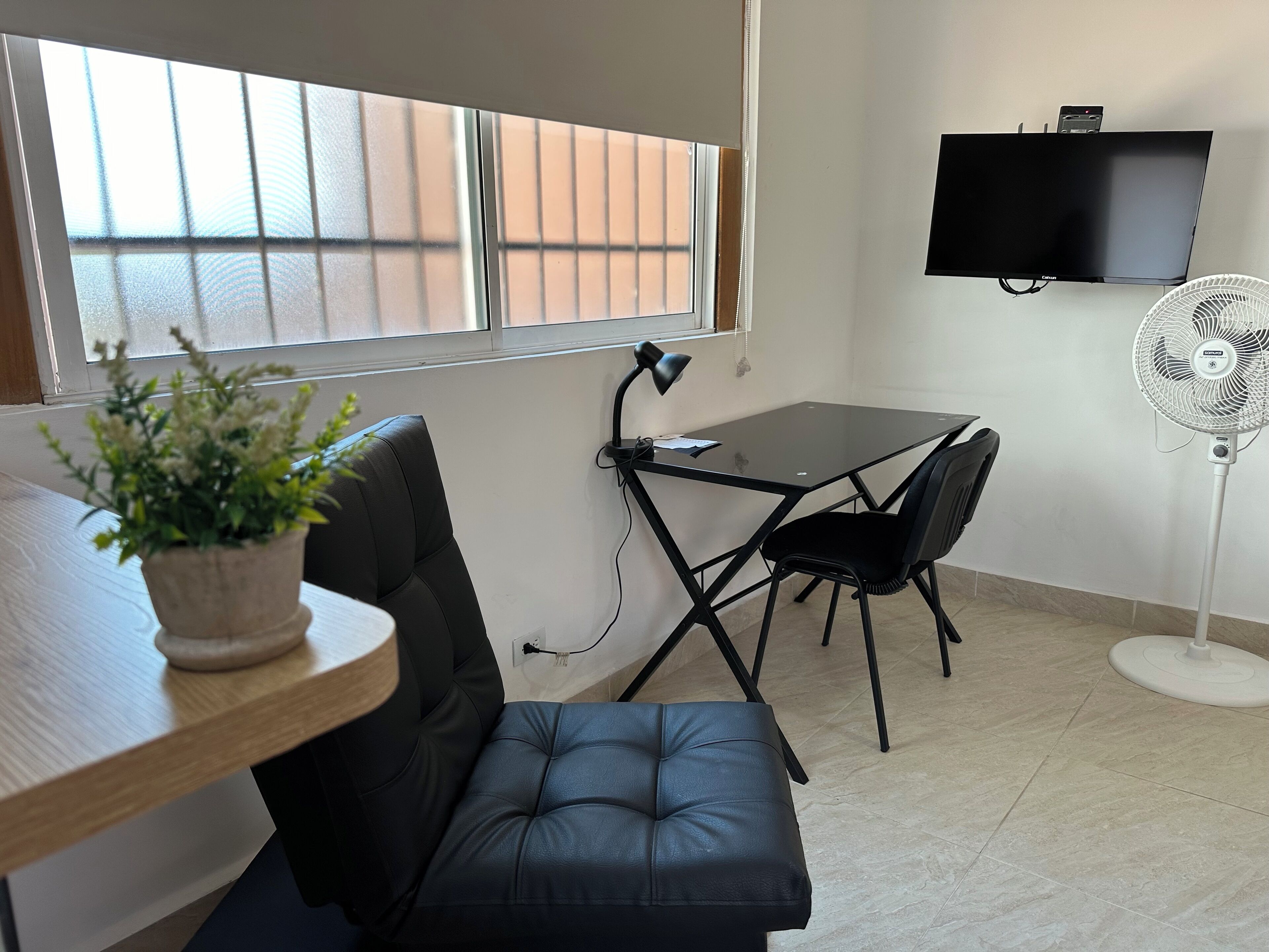 Une petite pièce moderne, dotée d’une table en verre, de chaises en cuir noir, d’une plante en pot, d’une lampe de bureau, d’un téléviseur à écran plat et d’un ventilateur sur pied.