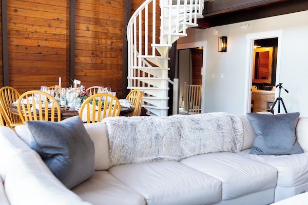 Smart-tv, eldstad, dvd-spelare och böcker