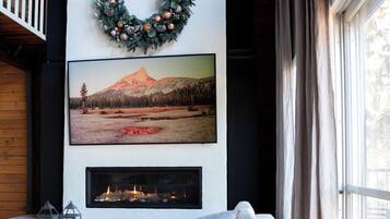 Smart TV, fireplace, DVD player, books