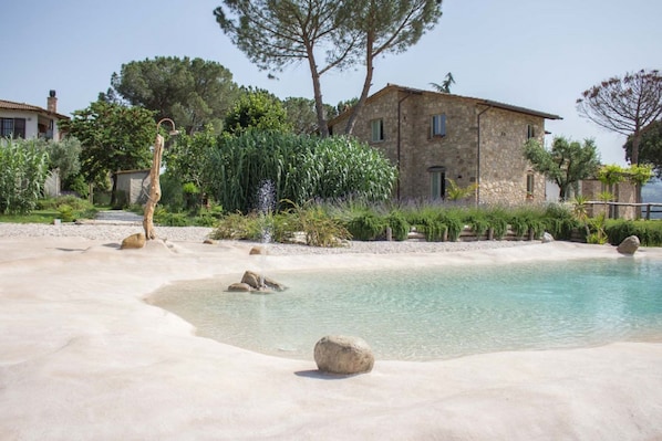 A stone building with a pool, surrounded by trees and plants.
