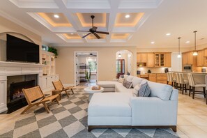 Smart TV, fireplace, foosball