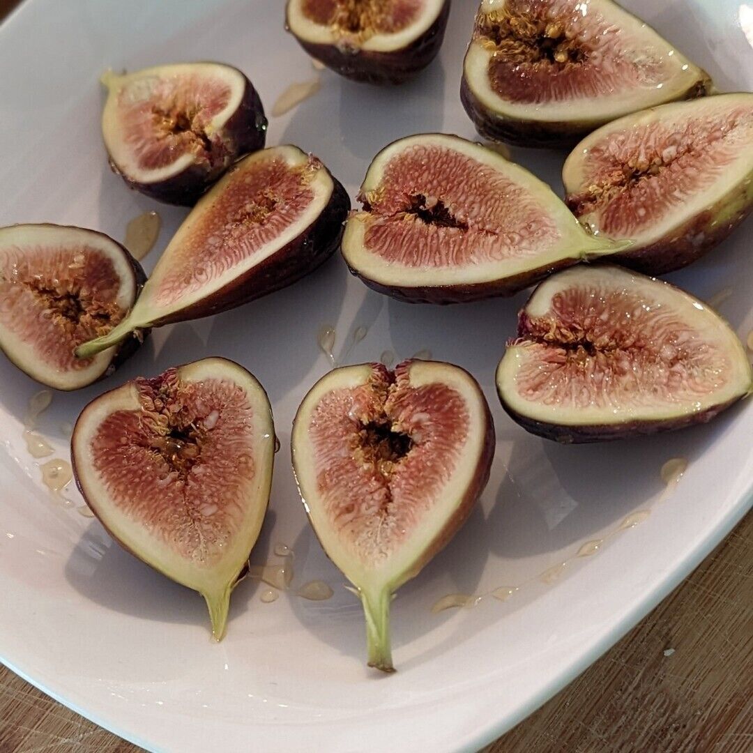Un plato con varias higos cortadas por la mitad, algunas con semillas a la vista.