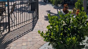 Uma área de pátio com piscina, mobiliário de jardim e palmeiras.