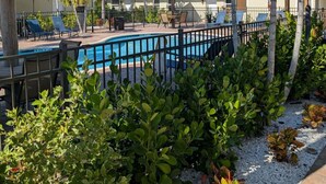 Uma área de piscina com espreguiçadeiras, um guarda-sol de palha e plantas tropicais.