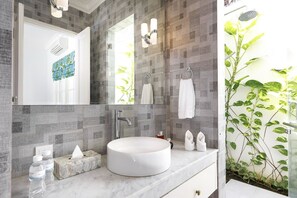 Hair dryer, towels, soap, shampoo