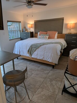 1 bedroom, desk, iron/ironing board, travel cot