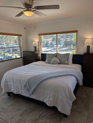 1 bedroom, desk, iron/ironing board, travel cot