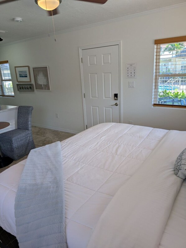 1 bedroom, desk, iron/ironing board, travel cot