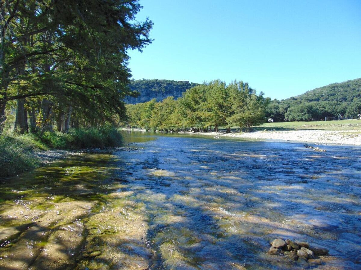 Un río de aguas cristalinas, rodeado de árboles y un área cubierta de pasto.