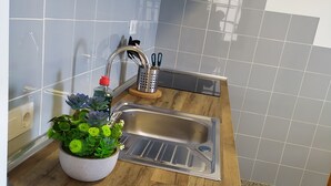 Een moderne keuken met een roestvrijstalen spoelbak, een potplant en een keukengerei-houder op het aanrecht.
