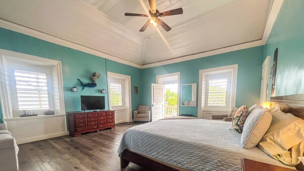 A bedroom with a large bed, a dresser, a television, and a ceiling fan. - VERY Spacious 3rd floor unit with gorgeous ocean view and wrap around porch (Frederiksted)