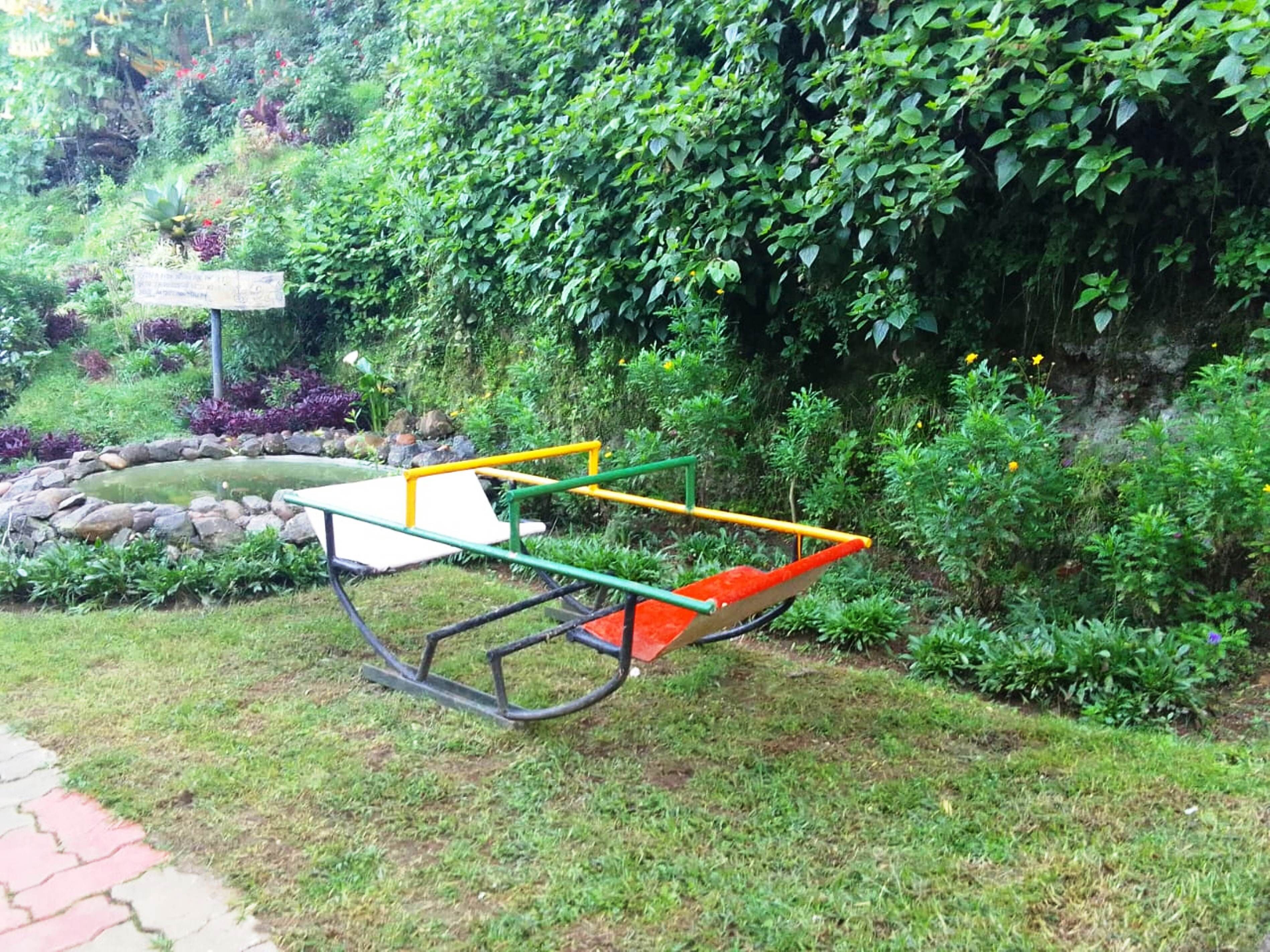 A garden with a swing set and a pond.