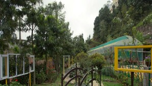 A garden with a wooden bridge, a greenhouse, and various plants. - Pine Borough Inn (Kodaikanal)