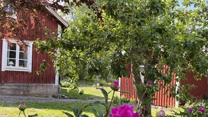 Una casa de madera roja con un ventanal blanco, rodeada de abundante follaje y plantas en flor.