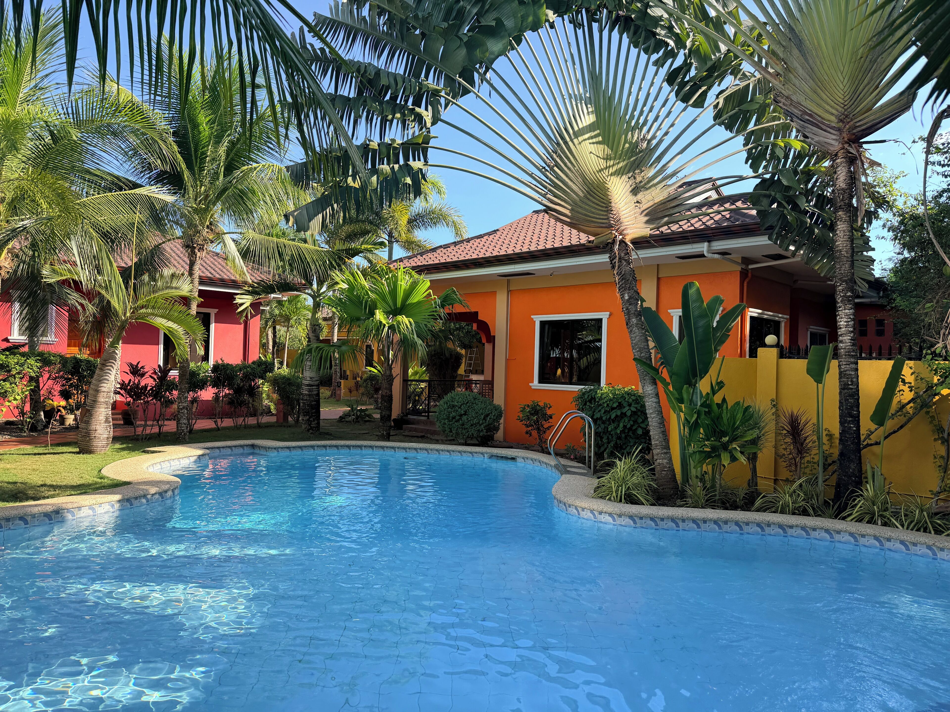 A swimming pool surrounded by palm trees and a building with a red and yellow facade.