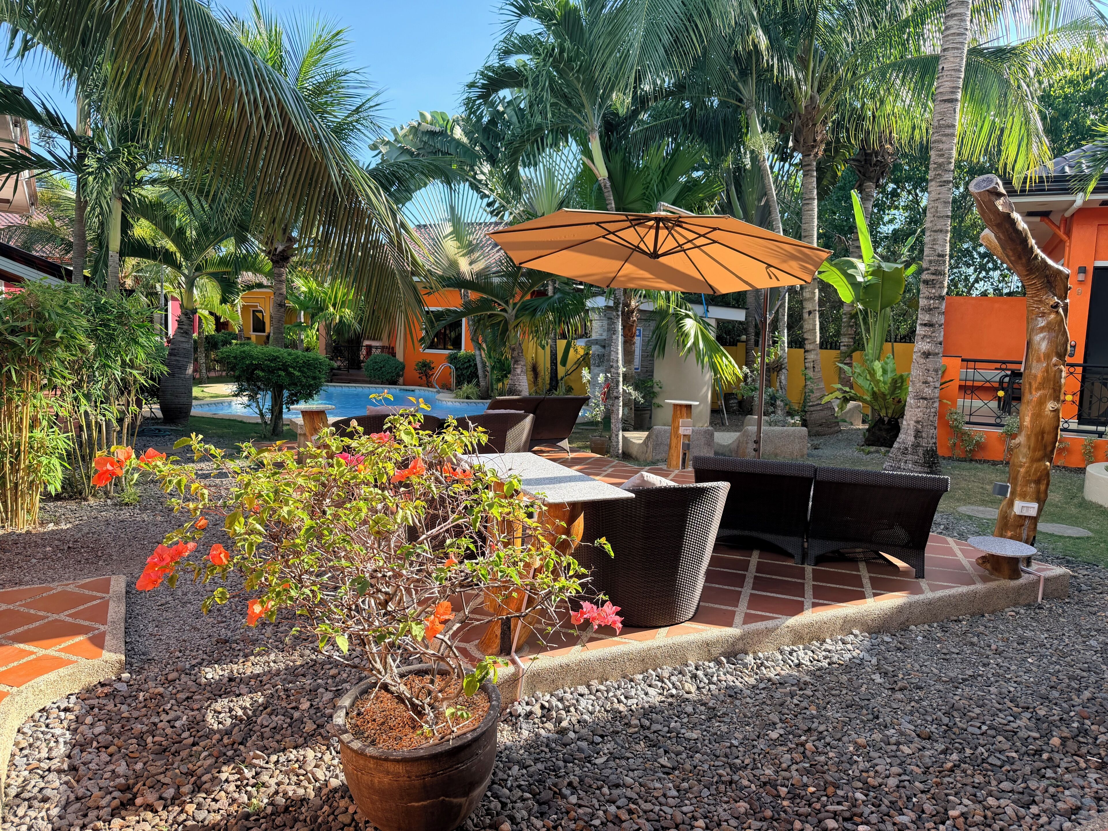 Zona junto a la piscina con mobiliario exterior, una planta en maceta y una escultura de madera.