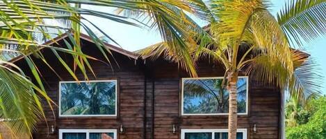 A two-story wooden house with large windows and a well-maintained garden with palm trees and other tropical plants.