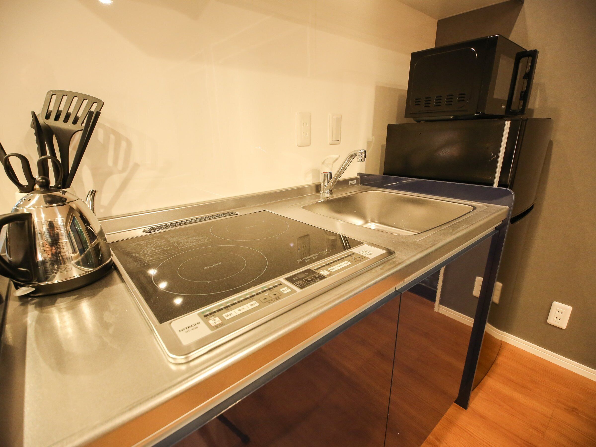 A kitchenette with a stainless steel induction cooktop, a double sink, a microwave, and a kettle.