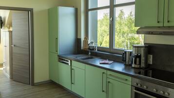Una cocina moderna con armarios verdes, un lavamanos de acero inoxidable y una ventana con vistas a zonas verdes.