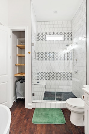 Hair dryer, towels, soap, toilet paper