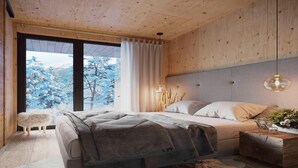 Ein modernes Schlafzimmer mit großem Fenster, einem Bett, einem Nachttisch und einer Holzbalkendecke.