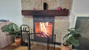 Ein Steinkamin mit Feuer, flankiert von zwei Blumentöpfen und einem Metallgitter davor.